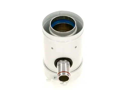 Kondensatablaufsystem von Bosch, zylindrische Form mit Anschlussstutzen, metallisch glänzend, für den Einsatz bei Heizungsanlagen konzipiert.